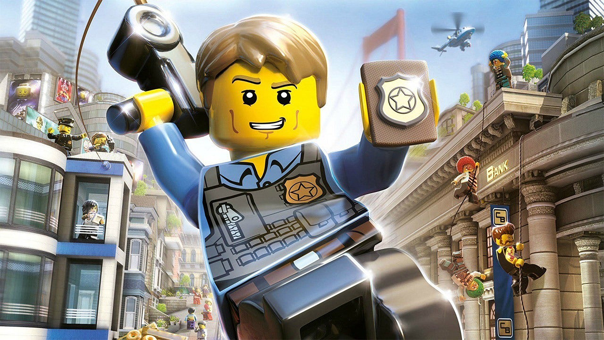 A gameplay screenshot from LEGO City Undercover showing the open world city.