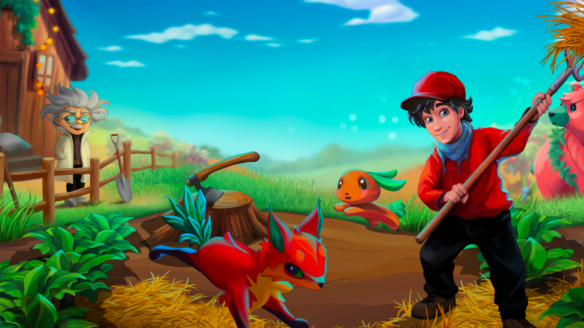 A character standing in a field in the farming simulator Monster Harvest.