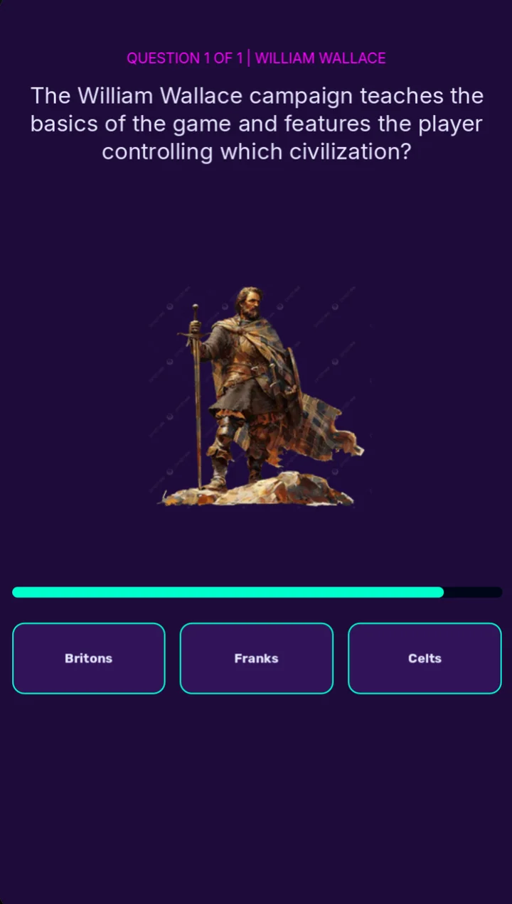 A trivia question about the William Wallace campaign with three answers and a countdown bar
