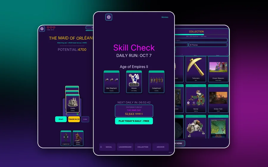 The Skill Check daily trivia game running on mobile.