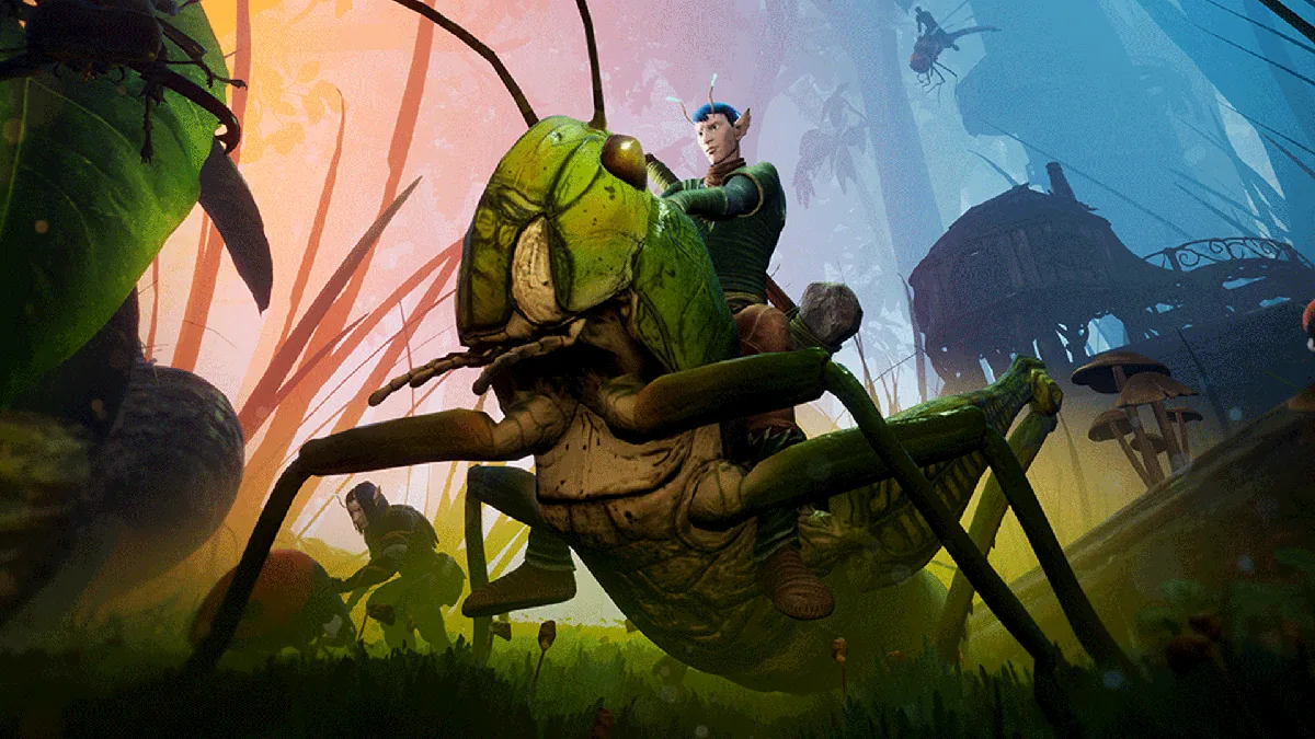 A small character riding a grasshopper in the world of Smalland.